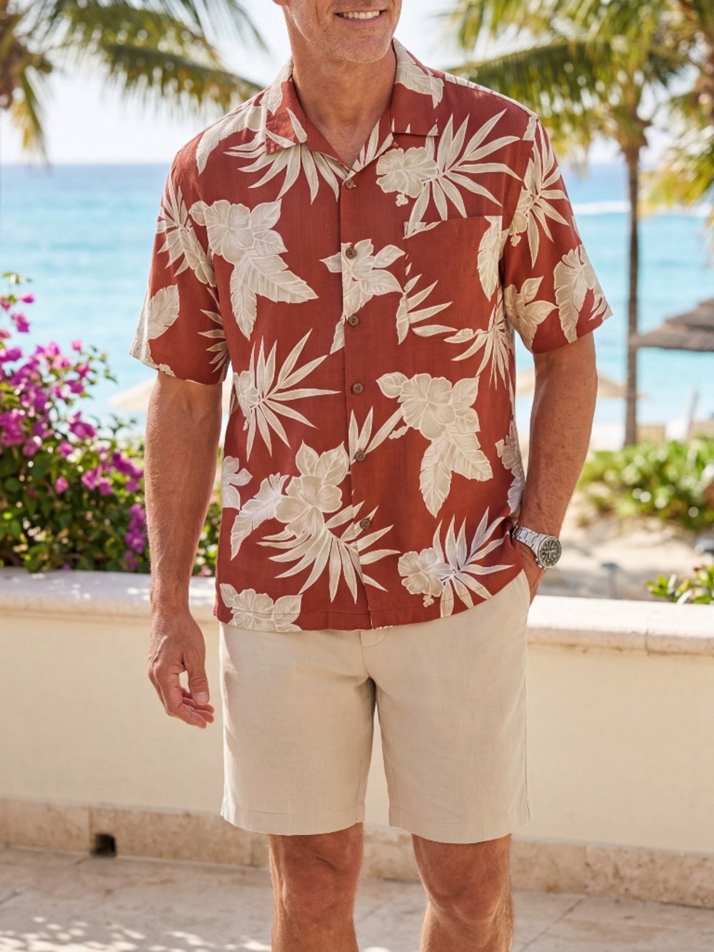 Tommy Bahama Relax Silk Hawaiian Shirt Resort Wear Floral & Palm Fronds Size L